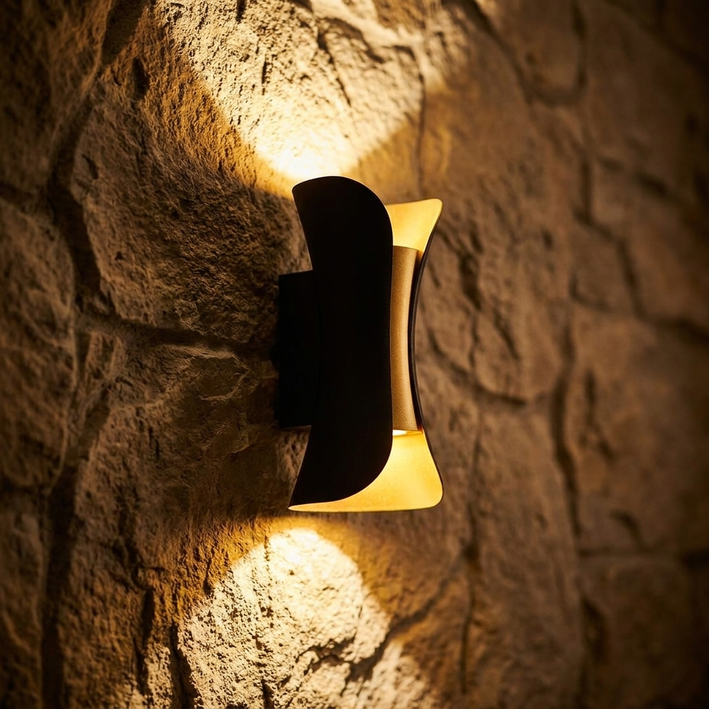 Close-up of Arc LED wall light beams on a stone feature wall at golden hour
