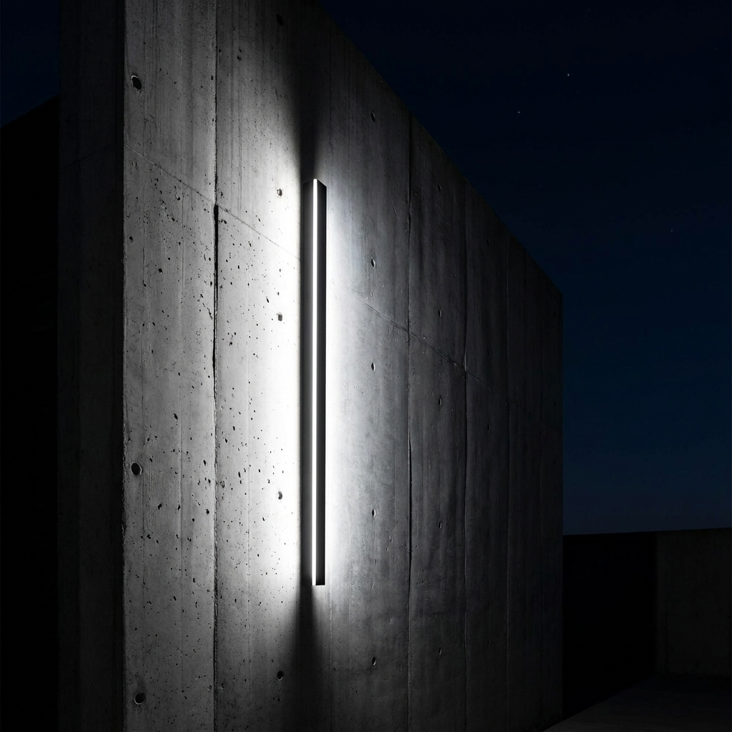 Vertical linear LED light grazing a concrete facade wall, cool white