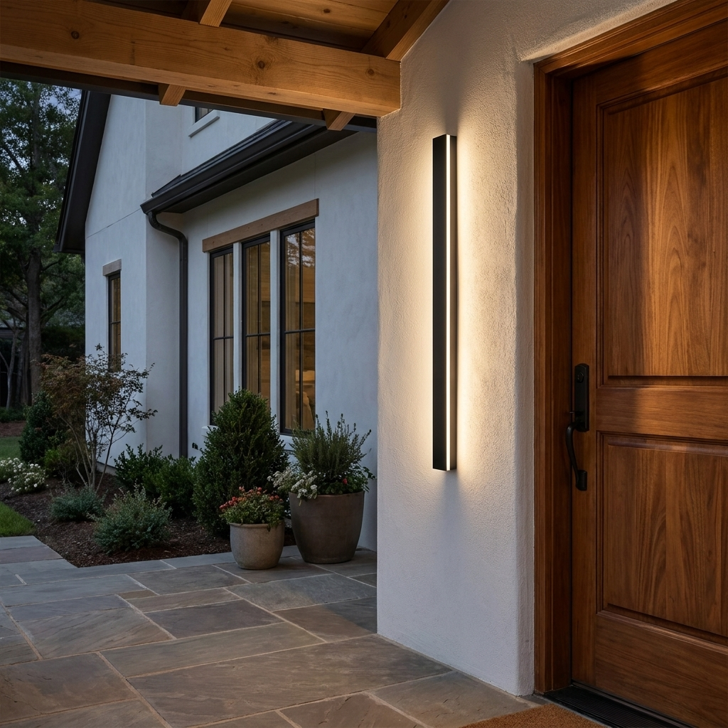 Vertical linear LED light beside a wooden front door on a covered porch