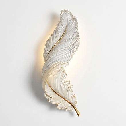 Solyellea Feather LED wall lamp, white resin with gold spine, on white background