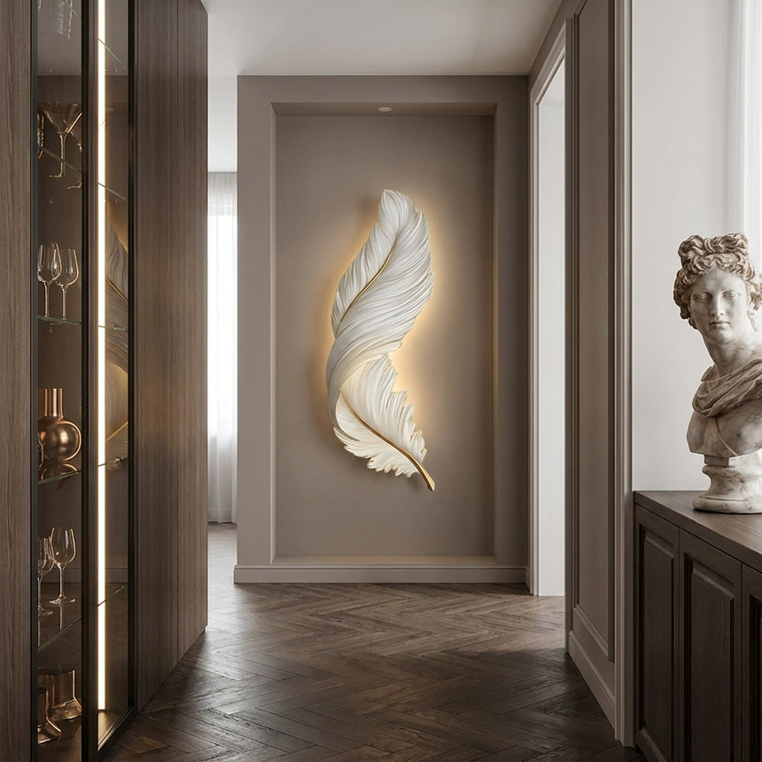 Feather LED wall lamp glowing in a luxury hallway niche