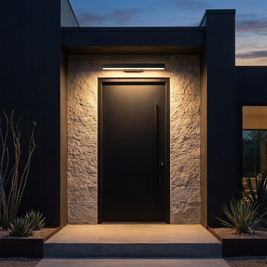 Rectangular LED light above a black pivot front door at dusk