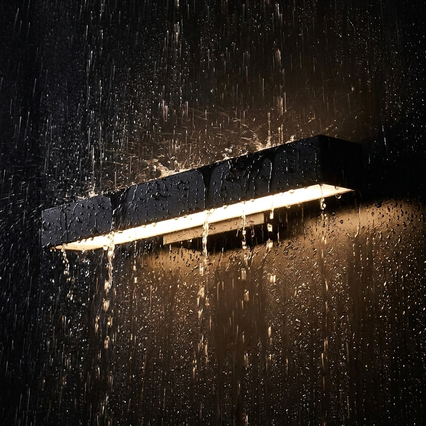 Rain bouncing off rectangular LED wall light glowing at night