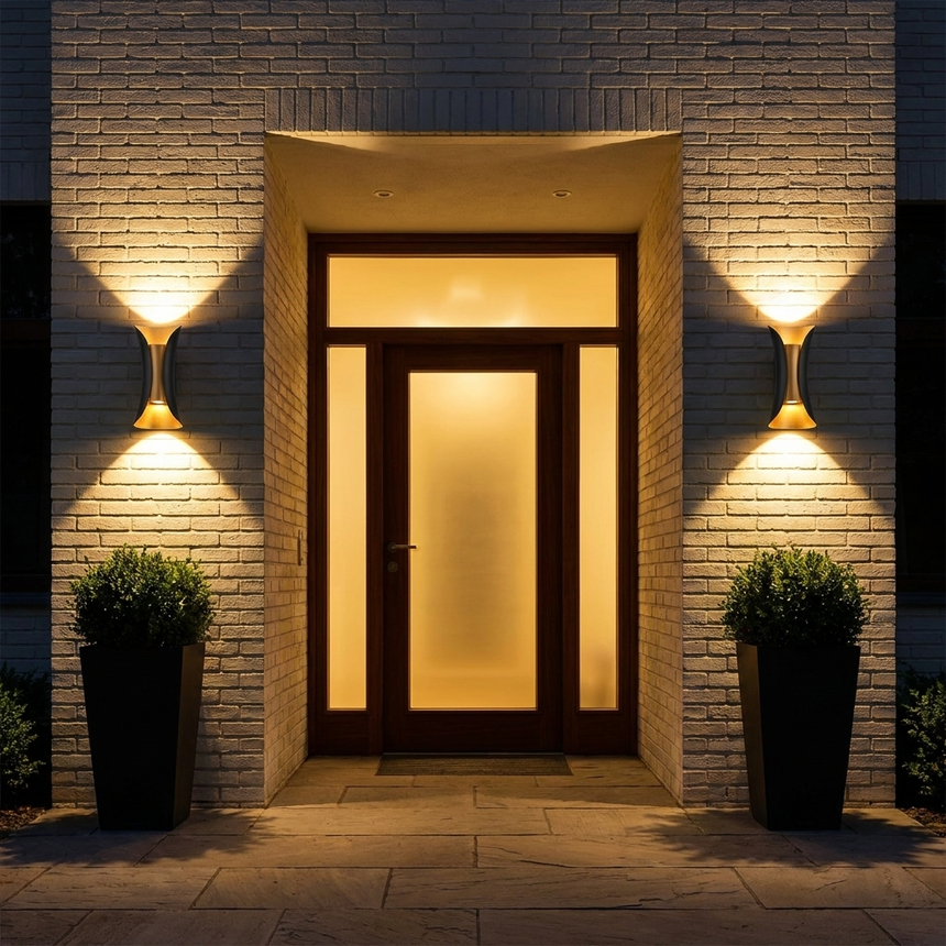 Pair of arc up-down wall lights flanking a luxury front door on brick at night