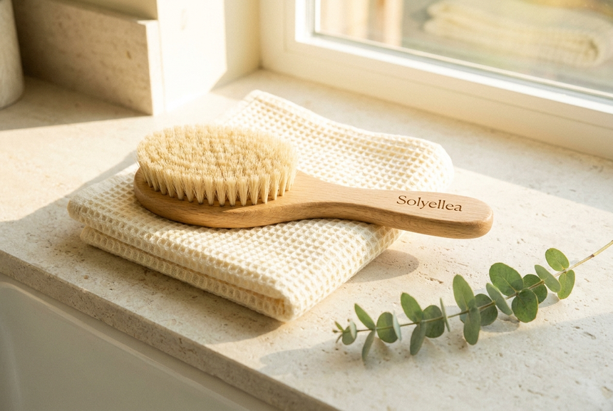 Solyellea wooden body brush on a cream towel with eucalyptus